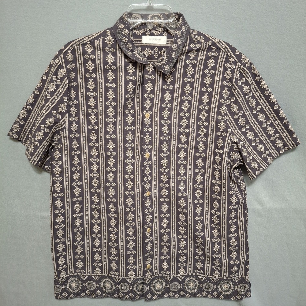 Lucky Brand Button Down Shirt Mens Large Camp Collar Border Print Tribal